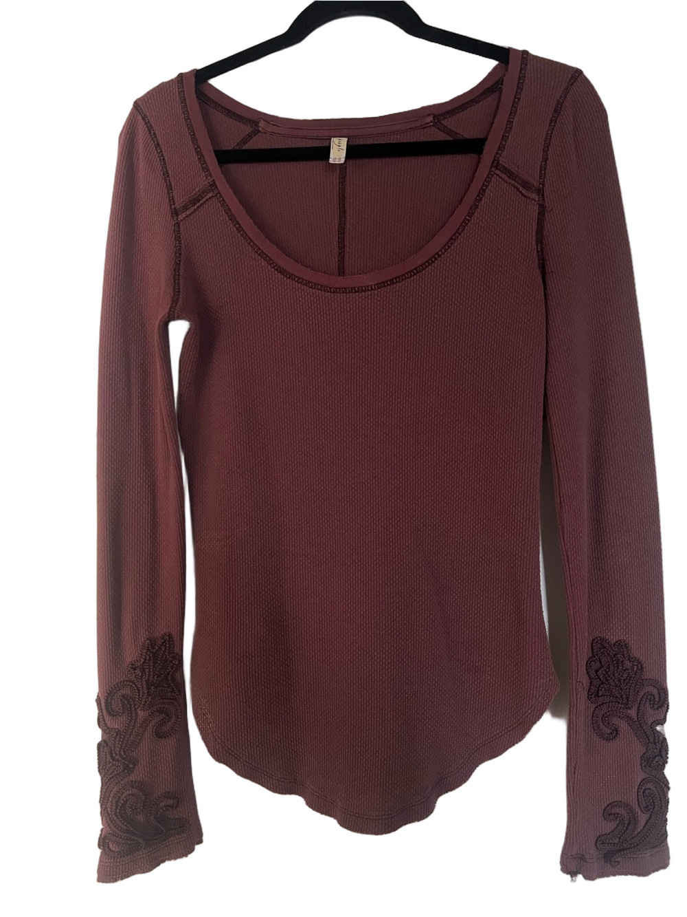 Free People Masquerade Embroidered Cuff Thermal Top Burgundy Rare - Size Medium